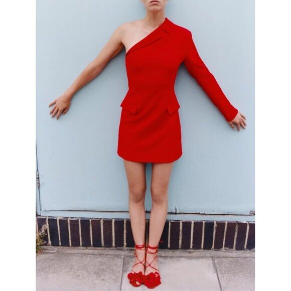 Zara Asymmetric one shoulder Red Blazer Dress blogg fav Size M - Picture 1 of 9